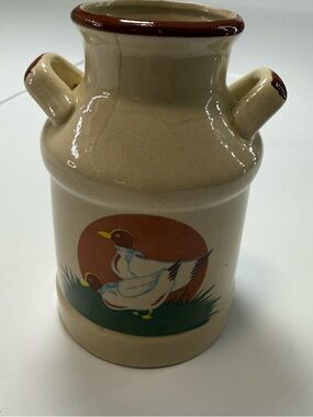 Vintage small Cream Ceramic Milk Can Vase with Duck Illustration